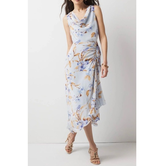 White House Black Market Dresses & Skirts - White House Black Market Cowl Neck Ruched Midi Floral Dress Size 10 Light Blue